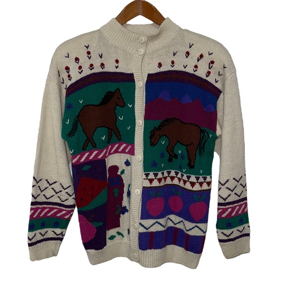 80s Vintage Cottagecore Apple Orchard Horse Cardigan - Picture 4 of 14